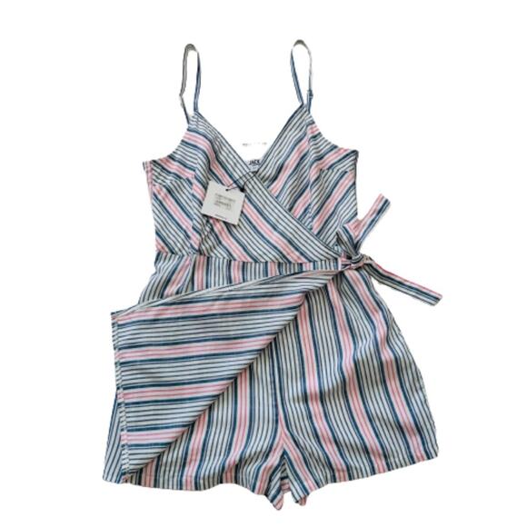 Jack by BB Dakota Romper Blue Red Ivory Striped Faux Wrap Skirted Romper Size XS - Picture 12 of 12